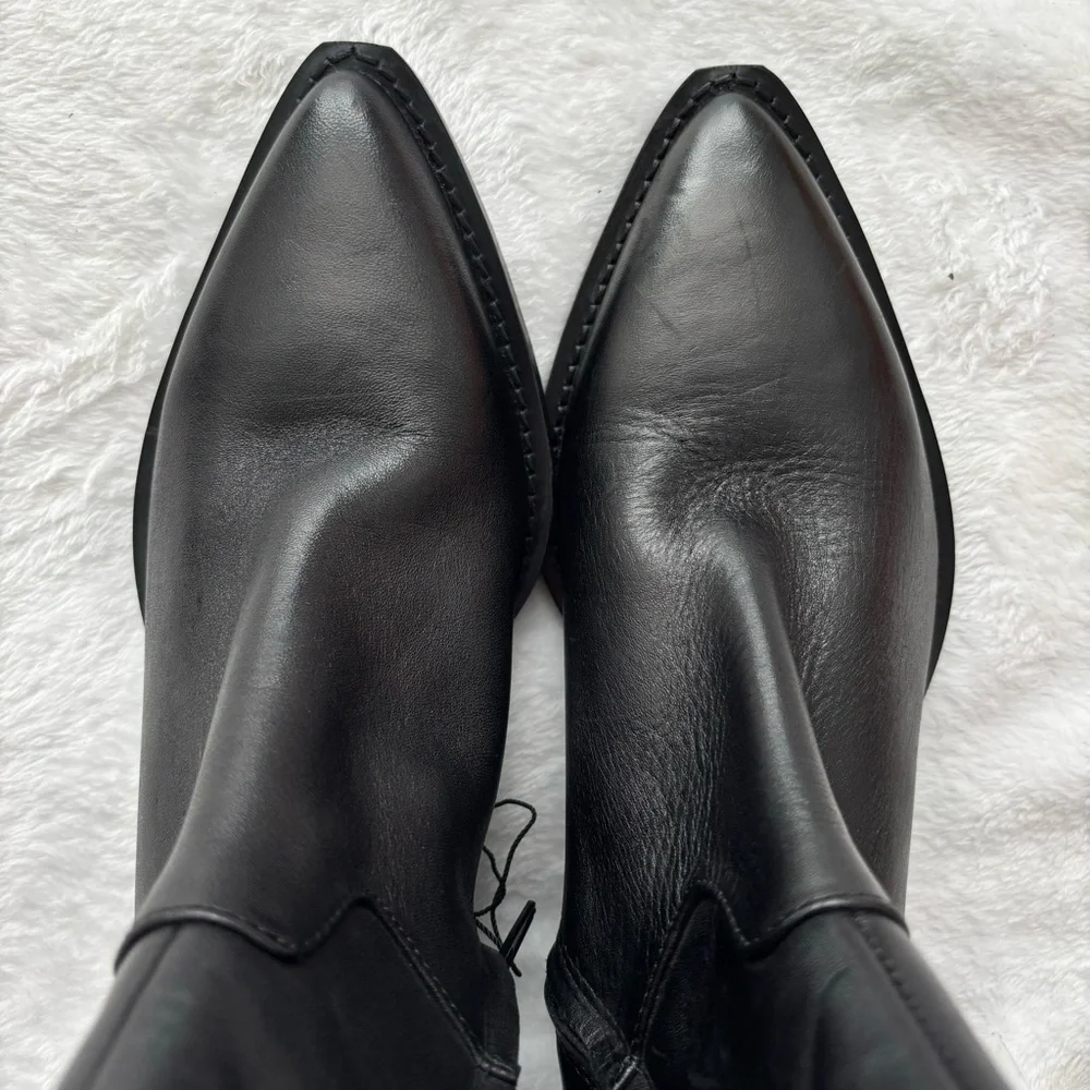 ZARA Black Leather Pointy Toe Western-Style Ankle Bootie--6 - Picture 8 of 15